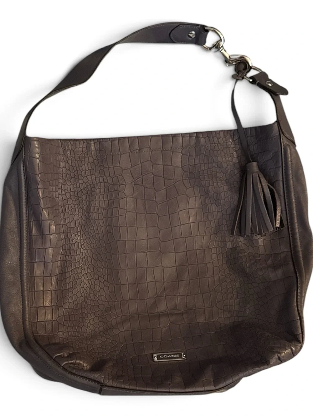 Coach Dark Brown Croc-Embossed Leather Shoulder Bag with Tassel